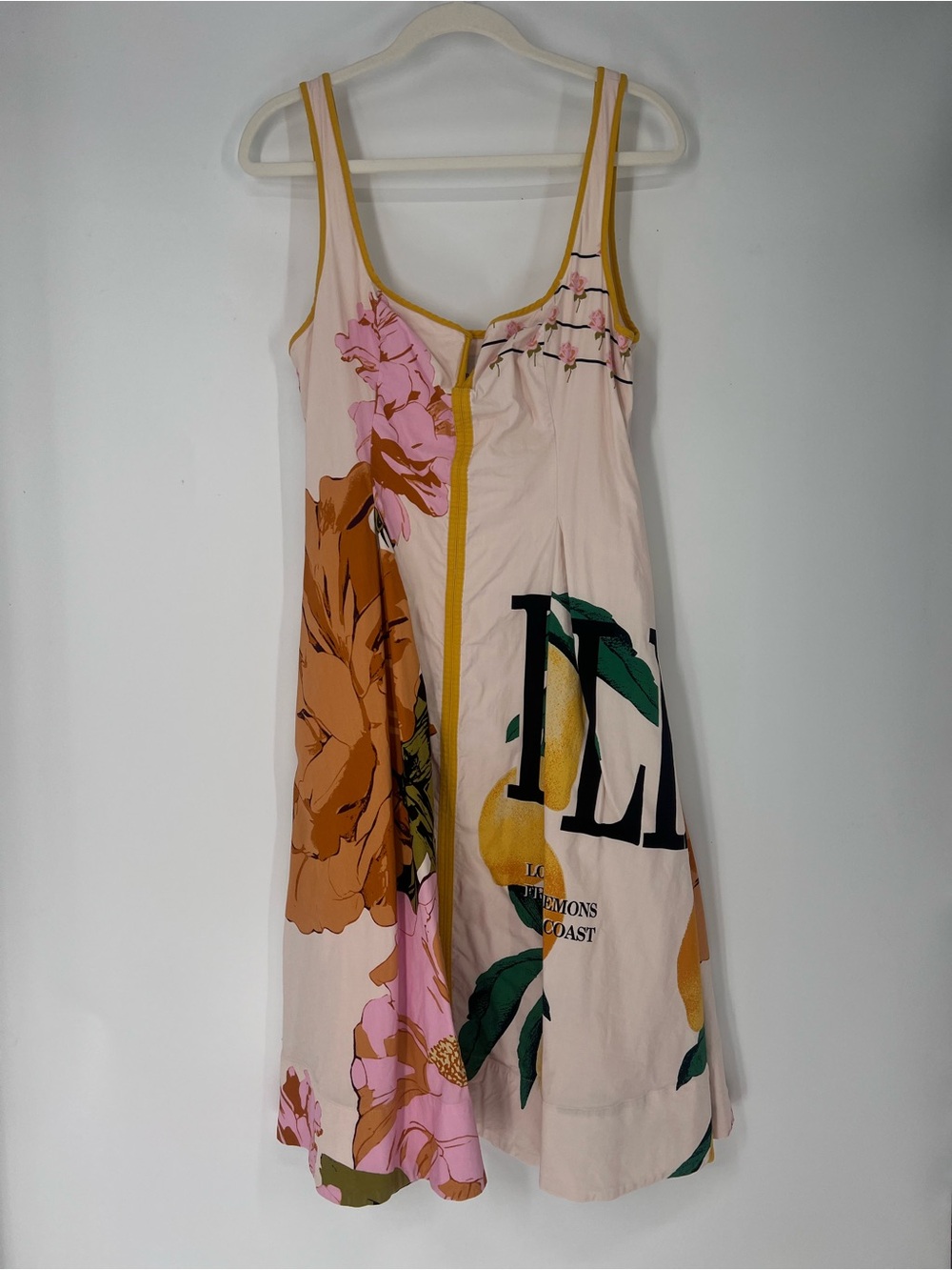 Maeve Floral Lemon Print Pink Yellow Scoop-Neck A Line Summer Midi Sun Dress L
